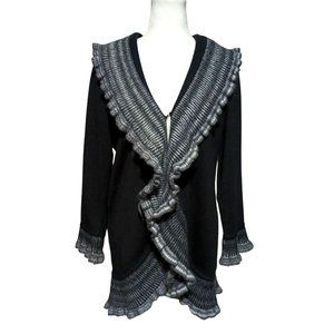 Angel by Sabri Ozel Cardigan Sweater Womens Size XL Black Wool Blend Gray Ruffle